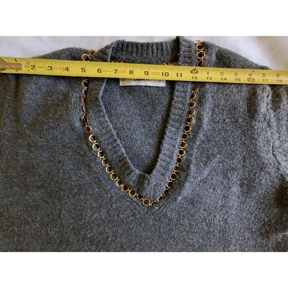 Zara women's sweater, V neck, Gray, Small, with Brass trim, neck & Cuffs - Picture 10 of 13